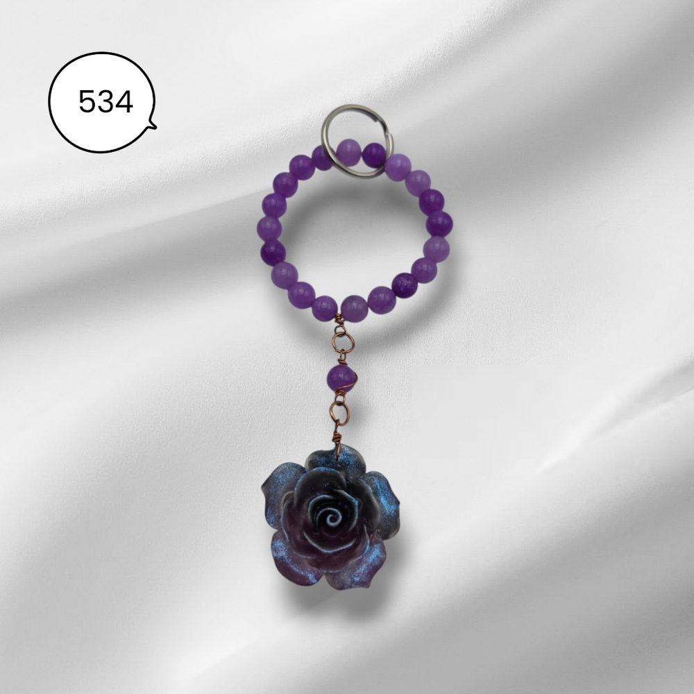 Elegant Purple Beaded Keychain with Rose Pendant Handmade Floral Charm